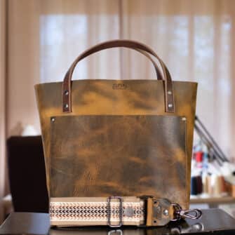 SoRetro Especial Reservo Perfect FYG Leather Crossbody Tote – Desperado with Limited All Weather Retro Radial on Khaki Cotton Webbing – Gunmetal Hardware