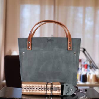 SoRetro Mini+ FYG Leather Crossbody Tote – Pluto the Planet with Limited All Weather Retro Radial on Mocha Cotton Webbing – Gunmetal Hardware