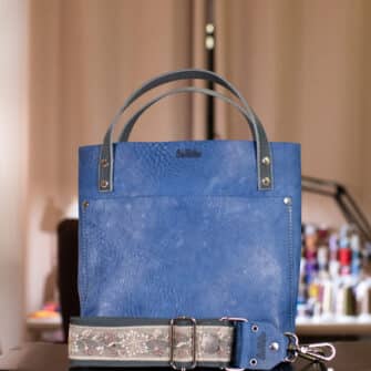 SoRetro Verdura Mini+ FYG Leather Crossbody Tote – Baia Blu Di Nebbia Marina with Exclusivo Snow Crystals Silver on Dark Gray Cotton Webbing – Silver Hardware