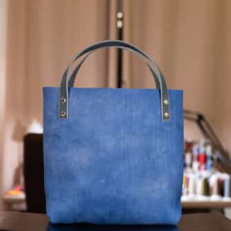 Alternative view of SoRetro Verdura Mini+ FYG Leather Crossbody Tote – Baia Blu Di Nebbia Marina with Exclusivo Snow Crystals Silver on Dark Gray Cotton Webbing – Silver Hardware