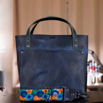 SoRetro Verdura Perfect FYG Leather Crossbody Tote – Piazza di Mezzanotte with Limited Grandes Flores del Valle on Navy Cotton Webbing – Chromalusion Hardware