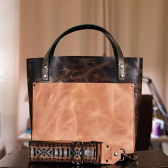 SoRetro Especial Two Tone Perfect FYG Leather Crossbody Tote – Keto Mug Cake and Quaker Conspiracy with Limited Static Brownie on Cinnamon Cotton Webbing – Gunmetal Hardware