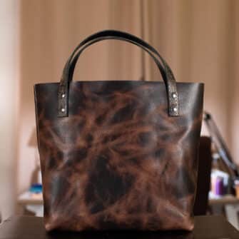 Alternative view of SoRetro Especial Two Tone Perfect FYG Leather Crossbody Tote – Keto Mug Cake and Quaker Conspiracy with Limited Static Brownie on Cinnamon Cotton Webbing – Gunmetal Hardware