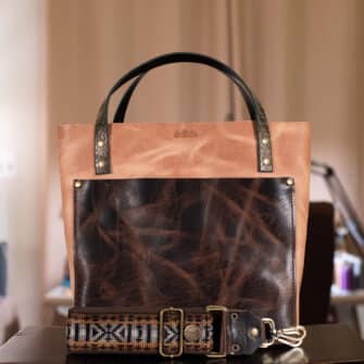 SoRetro Especial Two Tone Perfect FYG Leather Crossbody Tote – Quaker Conspiracy and Keto Mug Cake with Limited Static Brownie on Chocolate Cotton Webbing – Bronze Hardware