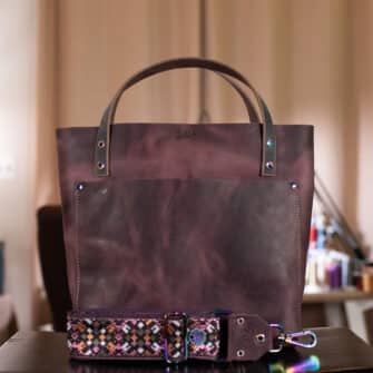 SoRetro Perfect FYG Leather Crossbody Tote – Moonshadow Ridge with Hot Zug Island on Eggplant Cotton Webbing – Chromalusion Hardware