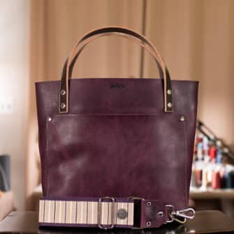 SoRetro Verdura Perfect FYG Leather Crossbody Tote – Succo D'Uva with Serape Sideways Mocha Stripes on Eggplant Cotton Webbing – Silver Hardware