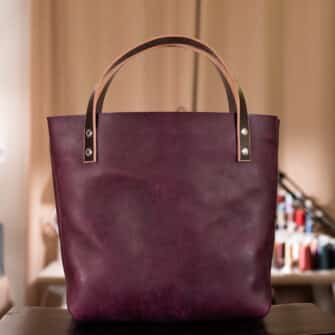 Alternative view of SoRetro Verdura Perfect FYG Leather Crossbody Tote – Succo D'Uva with Serape Sideways Mocha Stripes on Eggplant Cotton Webbing – Silver Hardware