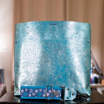 SoRetro BYG FYG Leather Crossbody Tote – Aqua Embers with Limited Snowicane on Teal Cotton Webbing – Gunmetal Hardware