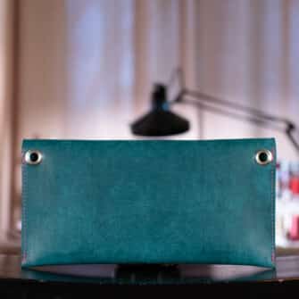 Alternative view of SoRetro Verdura FYG Crossbody Clutch - Formaggio Blu with Penn Dutch Birdies Dark on Raspberry Cotton Webbing - Silver Hardware