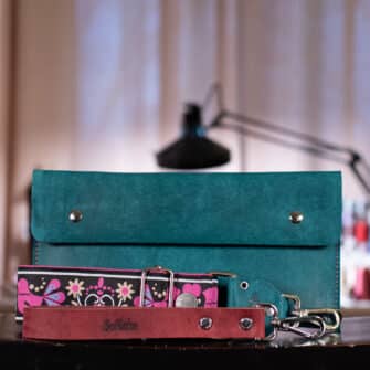 SoRetro Verdura FYG Crossbody Clutch - Formaggio Blu with Penn Dutch Birdies Dark on Raspberry Cotton Webbing - Silver Hardware