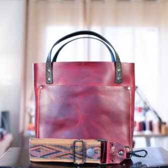 SoRetro Especial Mini+ FYG Leather Crossbody Tote – Cherry Cobbler with Limited Marquis Cut Vintage on Sand Cotton Webbing – Gunmetal Hardware