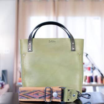 SoRetro Especial Mini+ FYG Leather Crossbody Tote – Holy Guacamole with Limited Marquis Cut Vintage on Sand Cotton Webbing – Gunmetal Hardware