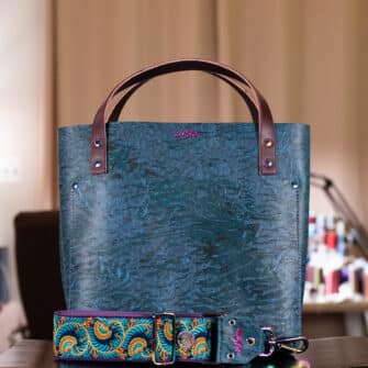 SoRetro Limited Perfect FYG Leather Crossbody Tote – Underwater Riviera with Limited Pavo Blue Crest on Violet Cotton Webbing – Chromalusion Hardware