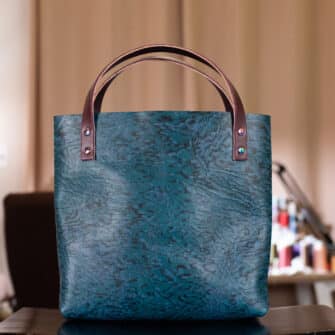 Alternative view of SoRetro Limited Perfect FYG Leather Crossbody Tote – Underwater Riviera with Limited Pavo Blue Crest on Violet Cotton Webbing – Chromalusion Hardware