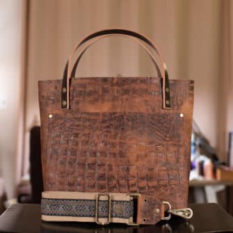 SoRetro Limited Perfect FYG Leather Crossbody Tote – Mojave Croc with Baby Deco Diamonds on Khaki Cotton Webbing – Bronze Hardware