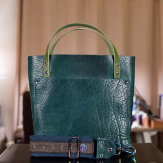 SoRetro Perfect FYG Leather Crossbody Tote – Thicc Boi Super Chunk Ocean with Baby Deco Diamonds on Navy Cotton Webbing – Chromalusion Hardware