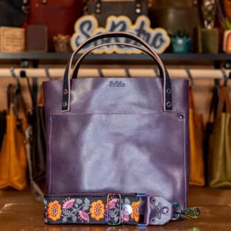 Alternative view of SoRetro Verdura Perfect FYG Leather Crossbody Tote – Infuso di Strega with Exclusivo Pepper Beach Autumn on Eggplant Cotton Webbing – Chromalusion Hardware