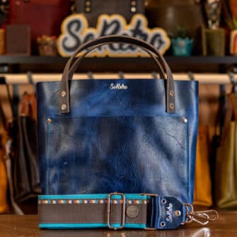SoRetro Britannia Mini+ FYG Leather Crossbody Tote – Paddington with Limited Formulah Un Marina Bay on Aqua Cotton Webbing – Silver Hardware