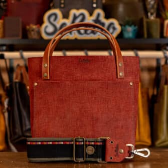 SoRetro Verdura Mini+ FYG Leather Crossbody Tote – La Tella Ruggine with Limited Formulah Un Monaco on Dark Olive Cotton Webbing – Bronze Hardware