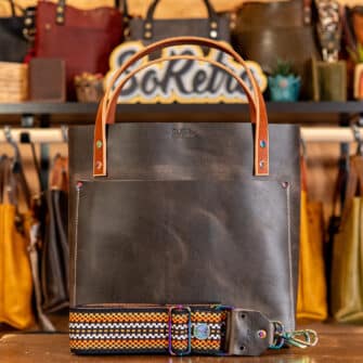 SoRetro Especial Reservo Perfect FYG Leather Crossbody Tote – Ashland Woods with Limited Calumet Sunset on Milk Chocolate Cotton Webbing – Chromalusion Hardware