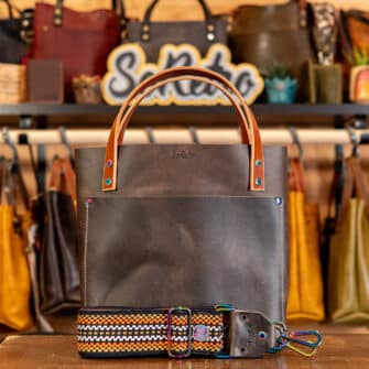 SoRetro Especial Reservo Mini+ FYG Leather Crossbody Tote – Ashland Woods with Limited Calumet Sunset on Milk Chocolate Webbing – Chromalusion Hardware