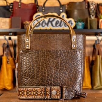 SoRetro Perfect FYG Leather Crossbody Tote – Thicc Boi Super Chunk Mudslide with Limited Annie Oakley on Dark Olive Cotton Webbing – Gunmetal Hardware