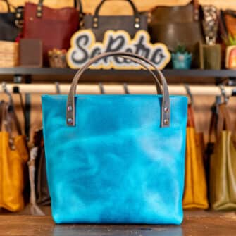 Alternative view of SoRetro Verdura Two Tone Mini+ FYG Leather Crossbody Tote – Lampone Blu and Tempesta Primaverile with Exclusivo Saltillo Summer on Dark Gray Cotton Webbing – Chromalusion Hardware