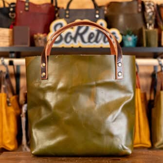 Alternative view of SoRetro Perfect FYG Leather Crossbody Tote – Mossfire over Olive with Limited Sawmill Grove on Dark Olive Cotton Webbing – Bronze Hardware