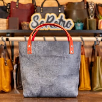 Alternative view of SoRetro Limited TOAK Mini+ FYG Leather Crossbody Tote – Thunder Bay Gray with Limited Moroccan Mustache Mardi Gras on Dark Plum Cotton Webbing - Silver Hardware