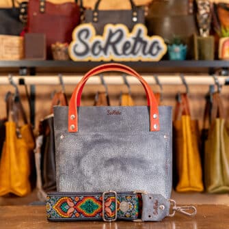 SoRetro Limited TOAK Mini FYG Leather Crossbody Tote - Thunder Bay Gray with Limited Moroccan Mustache Mardi Gras on Dark Plum Cotton Webbing - Silver Hardware