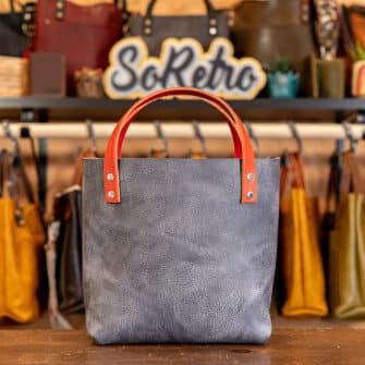 Alternative view of SoRetro Limited TOAK Mini FYG Leather Crossbody Tote - Thunder Bay Gray with Limited Moroccan Mustache Mardi Gras on Dark Plum Cotton Webbing - Silver Hardware