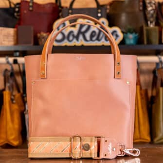 SoRetro Limited Perfect FYG Leather Crossbody Tote – Salmon Rush Coast with Limited Goldstripe Salmon on Dune Cotton Webbing – Shiny Gold Hardware