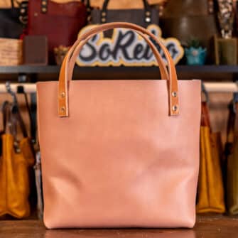 Alternative view of SoRetro Limited Perfect FYG Leather Crossbody Tote – Salmon Rush Coast with Limited Goldstripe Salmon on Dune Cotton Webbing – Shiny Gold Hardware