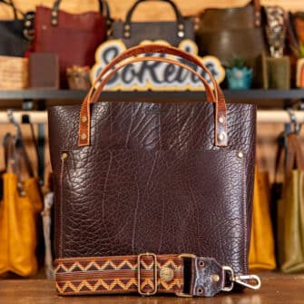 SoRetro Perfect FYG Leather Crossbody Tote – Thicc Boi Super Chunk Chocolate Cherries with Limited Superstar Ziggle on Milk Chocolate Cotton Webbing – Bronze Hardware