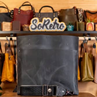 SoRetro Limited BYG FYG Leather Crossbody Tote – Danger Zone with Limited Black River Trails on Dark Gray Cotton Webbing – Gunmetal Hardware