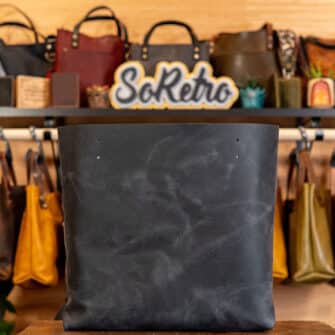 Alternative view of SoRetro Limited BYG FYG Leather Crossbody Tote – Danger Zone with Limited Black River Trails on Dark Gray Cotton Webbing – Gunmetal Hardware