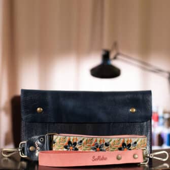 SoRetro Especial Reservo FYG Crossbody Clutch - Cape Cod Tidelight with Limited Heritage Bloom Dusk on Vintage Pink Cotton Webbing - Bronze Hardware