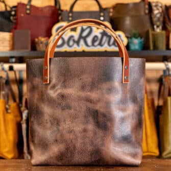 Alternative view of SoRetro Perfect FYG Leather Crossbody Tote – Becoming Fearless Together Brown with Limited Mystic Paisley on KZoo Stripes Webbing – Gunmetal Hardware