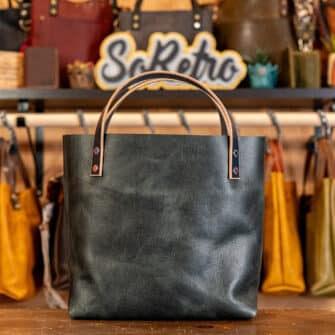 Alternative view of SoRetro Mini+ FYG Leather Crossbody Tote – Blue Steel with Limited Moonlit Ivy on Navy Cotton Webbing – Chromalusion Hardware