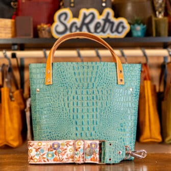 SoRetro Mini+ FYG Leather Crossbody Tote – Rock Out With Your Croc Out with Exclusivo Autumnal Blush on Dusty Rose Cotton Webbing – Silver Hardware