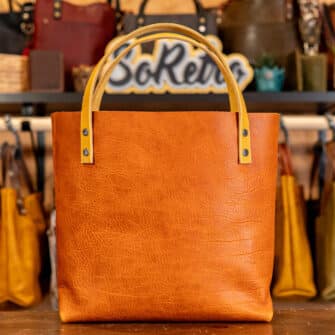 Alternative view of SoRetro Perfect FYG Leather Crossbody Tote – Orange Marmalade with Exclusivo Cosmic Pulse Sunrise on Sand Cotton Webbing – Gunmetal Hardware