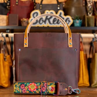 SoRetro Perfect FYG Leather Crossbody Tote – Chocolate Covered Cherries with Limited Unity Blooms on Cinnamon Cotton Webbing – Chromalusion Hardware