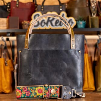 SoRetro Perfect FYG Leather Crossbody Tote – Pacific Deep - BRANDED - with Limited Unity Blooms on Dune Cotton Webbing – Bronze Hardware