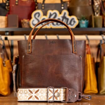 SoRetro Mini+ FYG Leather Crossbody Tote – Dark Roast with Limited Dune Bloom on Chocolate Cotton Webbing – Gunmetal Hardware