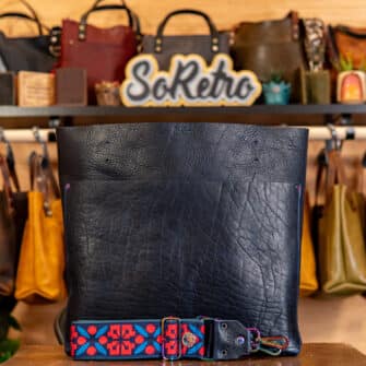 SoRetro BYG FYG Leather Crossbody Tote – Man Bloobs with Limited Cheery Cherry Bloom on Dark Teal Cotton Webbing – Chromalusion Hardware