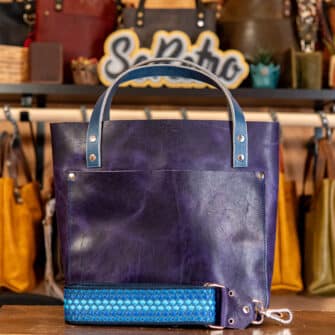 SoRetro Perfect FYG Leather Crossbody Tote – Armored Eggplant with Boba Cobalt – Silver Hardware