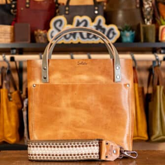 SoRetro Especial Perfect FYG Leather Crossbody Tote – Peanut Butter Thief with Boba Mocha – Gunmetal Hardware