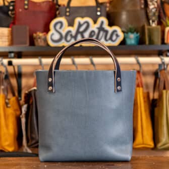 Alternative view of SoRetro Especial Reservo Mini+ FYG Leather Crossbody Tote – Sky Blue Guac with Limited Two Birds in the Hand on Super Special Striped SoRetro Webbing – Silver Hardware