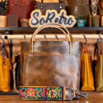 SoRetro Especial Mini+ FYG Leather Crossbody Tote – Extra Virgin Olive Oil with Limited Unity Blooms on Super Special Striped SoRetro Webbing – Chromalusion Hardware