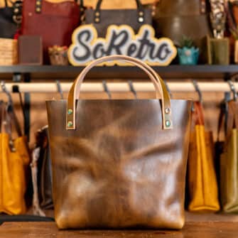 Alternative view of SoRetro Especial Mini+ FYG Leather Crossbody Tote – Extra Virgin Olive Oil with Limited Unity Blooms on Super Special Striped SoRetro Webbing – Chromalusion Hardware